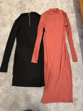 Black Ribbed Long Sleeve Dress + Salmon Pink Bodycon Midi Dress